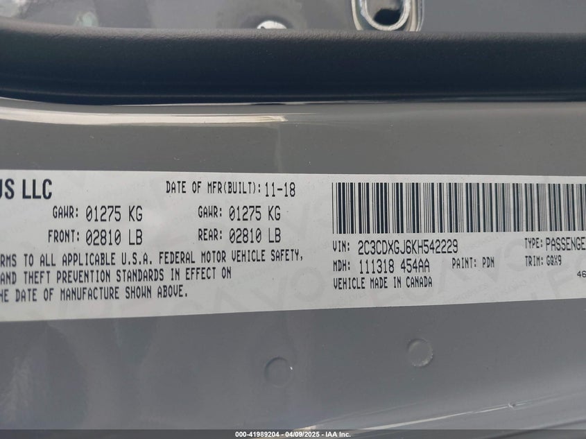 2019 DODGE CHARGER VIN: 2C3CDXGJ6KH542229