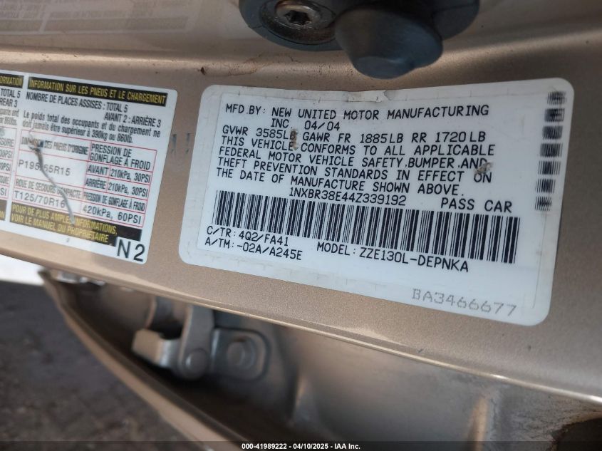 2004 Toyota Corolla Ce/Le/S VIN: 1NXBR38E442339192 Lot: 41989222