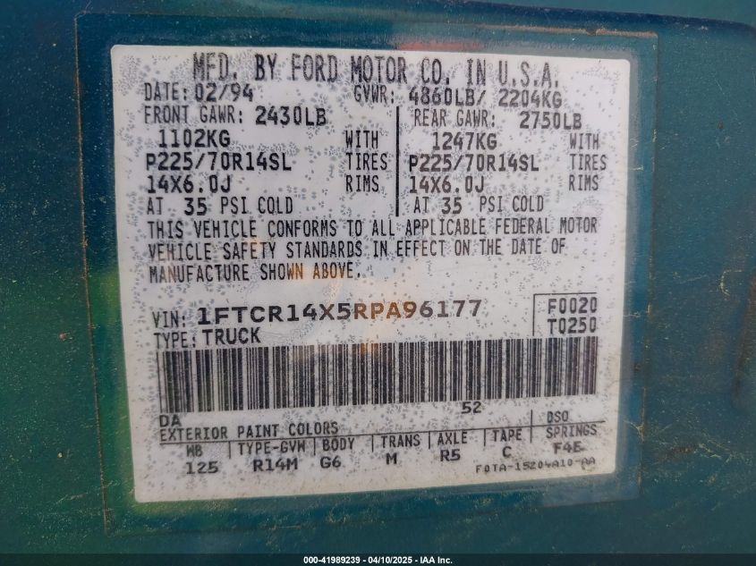 1994 Ford Ranger Super Cab VIN: 1FTCR14X5RPA96177 Lot: 41989239