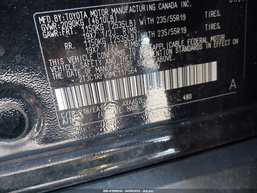 2021 TOYOTA RAV4 XLE PREMIUM - 2T3C1RFV9MC117564