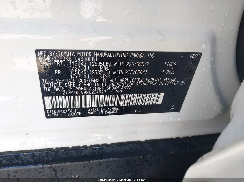 VIN 2T3P1RFV9NC294022 2022 TOYOTA RAV4 XLE