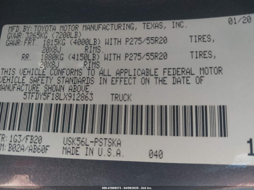 2020 TOYOTA TUNDRA VIN: 5TFDY5F18LX912863