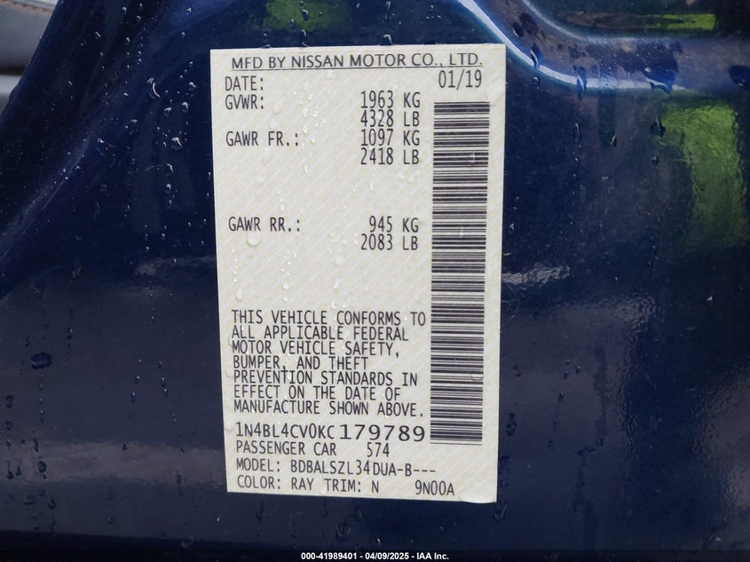 2019 NISSAN ALTIMA VIN: 1N4BL4CV0KC179789