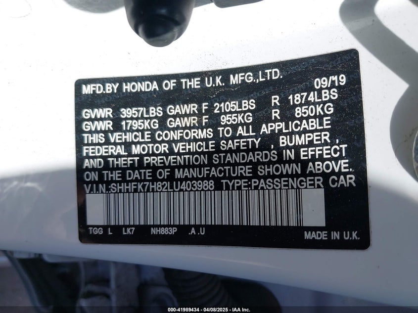 2020 HONDA CIVIC VIN: SHHFK7H82LU403988