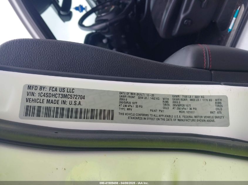 2021 Dodge Durango VIN: 1C4FDHC73MC572704 Lot: 41989456