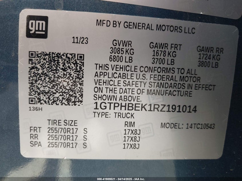 2024 GMC SIERRA 1500 VIN: 1GTPHBEK1RZ191014