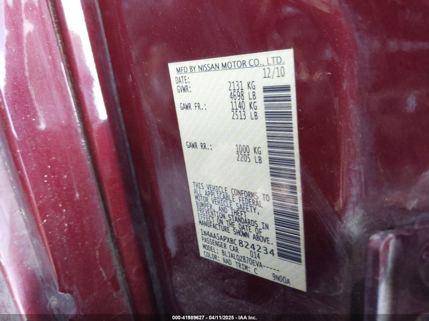 2011 NISSAN MAXIMA VIN: 1N4AA5APXBC824234