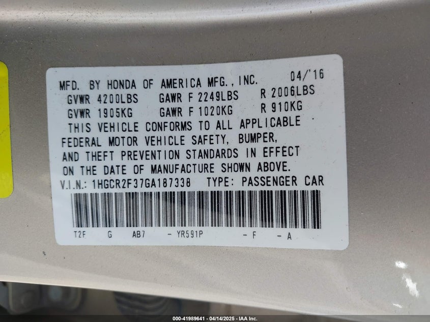 2016 HONDA ACCORD VIN: 1HGCR2F37GA187338