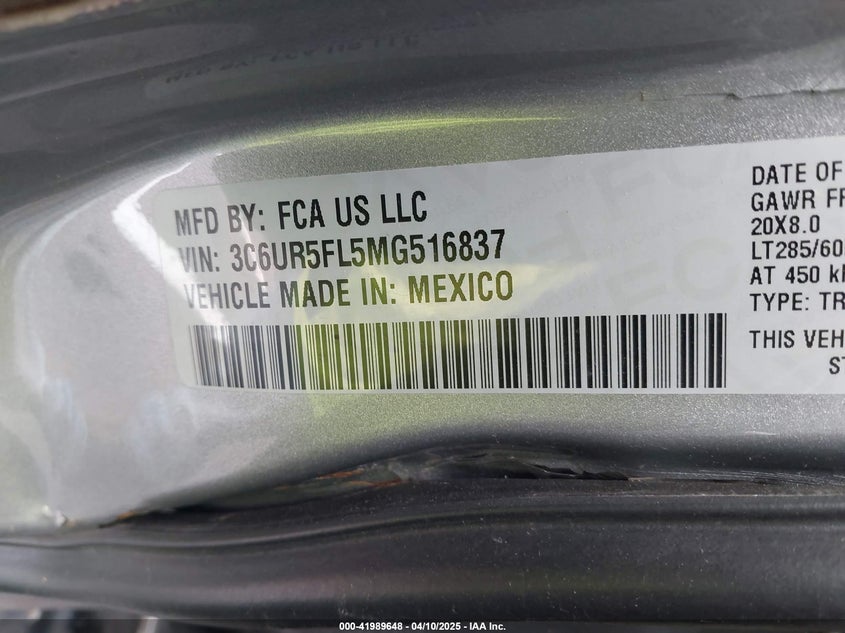 2021 RAM 2500 VIN: 3C6UR5FL5MG516837