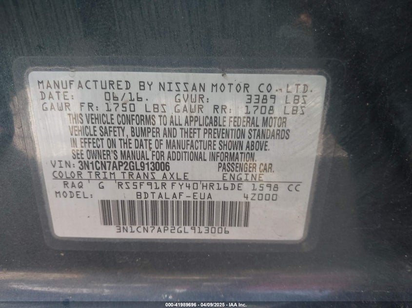 2016 NISSAN VERSA VIN: 3N1CN7AP2GL913006
