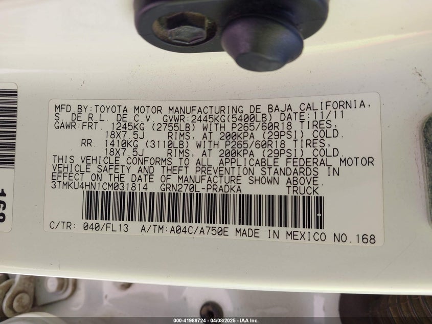 2012 TOYOTA TACOMA VIN: 3TMKU4HN1CM031814
