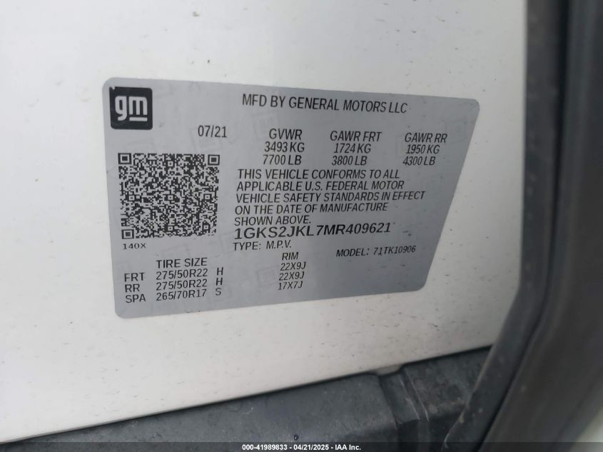 2021 GMC Yukon XL - 1GKS2JKL7MR409621