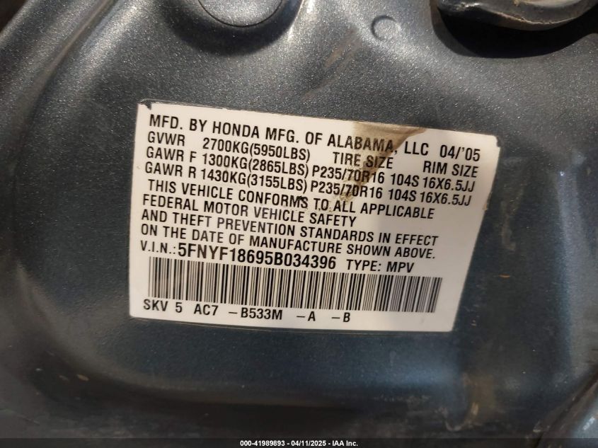 2005 Honda Pilot Ex-L VIN: 5FNYF18695B034396 Lot: 41989893