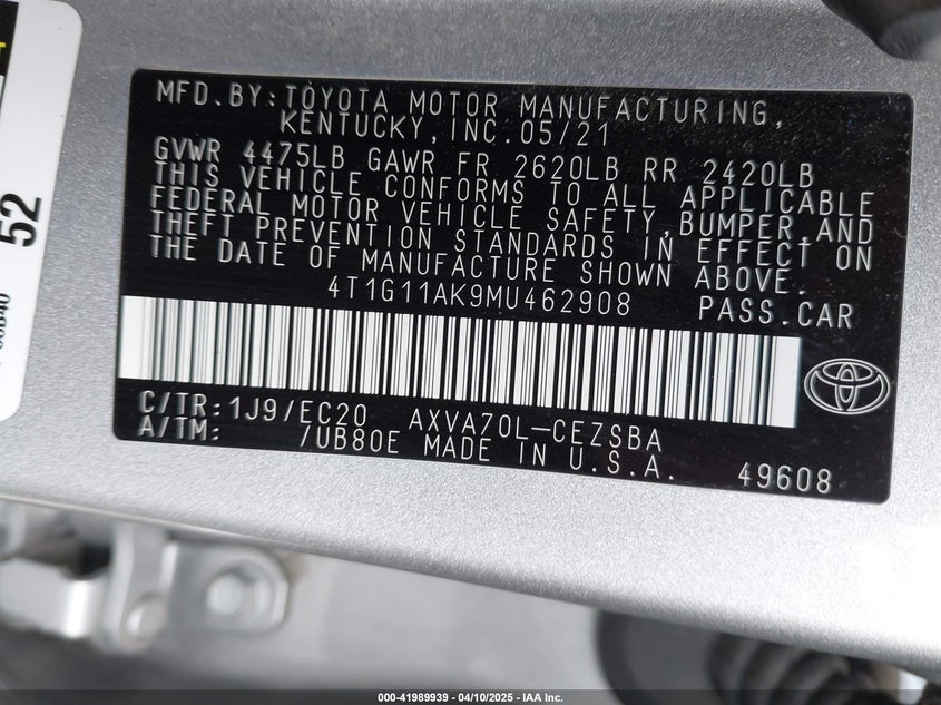 2021 TOYOTA CAMRY VIN: 4T1G11AK9MU462908