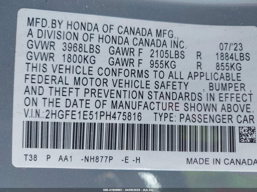 2023 HONDA CIVIC SI VIN: 2HGFE1E51PH475816