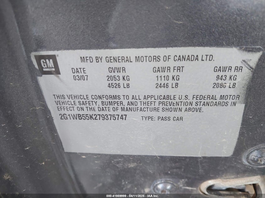 2011 CHEVROLET IMPALA VIN: 2G1WG5EK8B1244752
