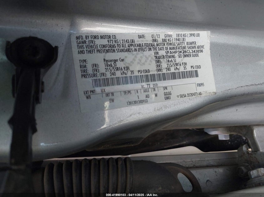 2012 FORD FOCUS VIN: 1FAHP3K28CL343856