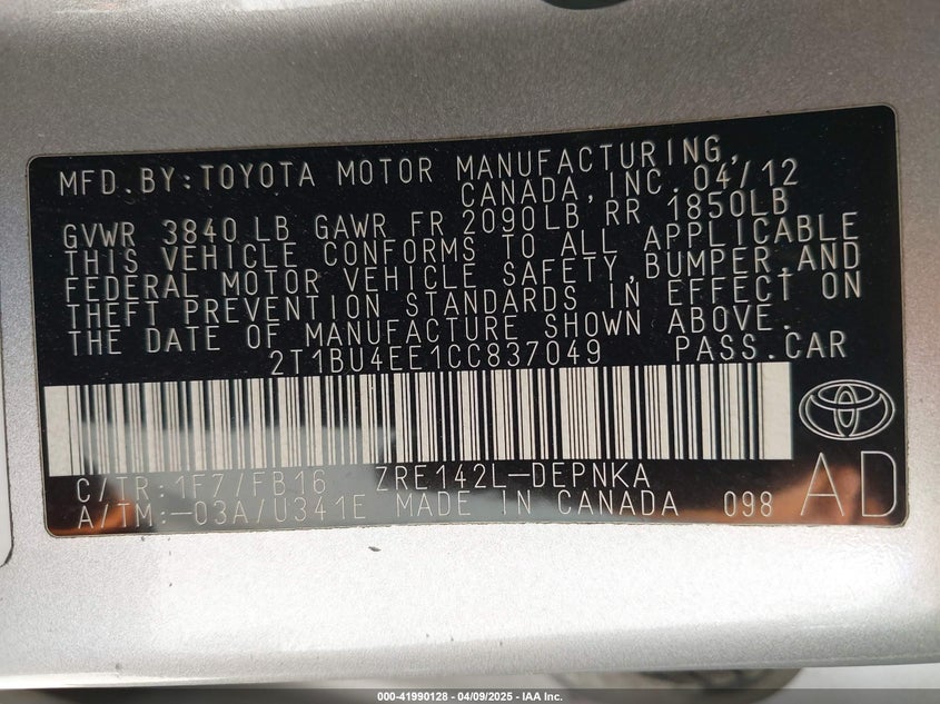 2012 TOYOTA COROLLA VIN: 2T1BU4EE1CC837049