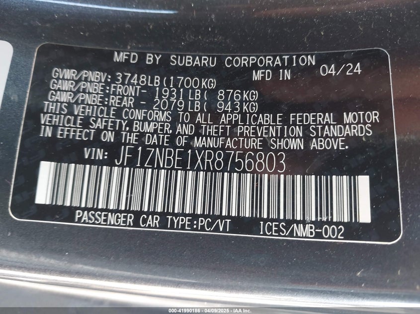 2024 TOYOTA GR86 VIN: JF1ZNBE1XR8756803