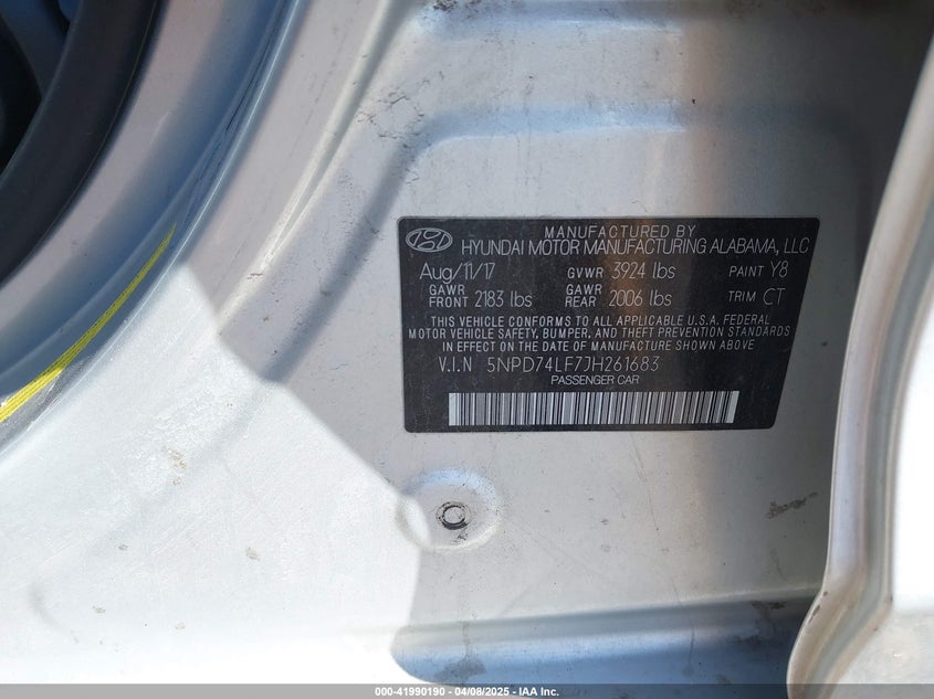 2018 HYUNDAI ELANTRA VIN: 5NPD74LF7JH261683