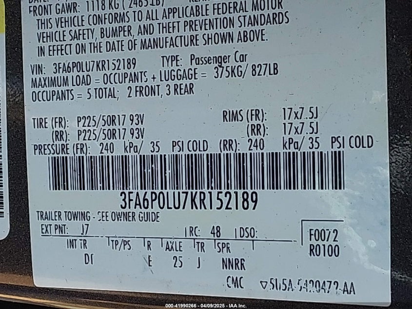 2019 FORD FUSION HYBRID SE - 3FA6P0LU7KR152189