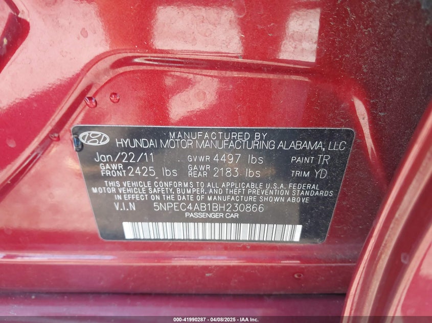 2011 HYUNDAI SONATA VIN: 5NPEC4AB1BH230866