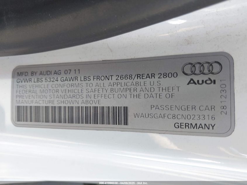 2012 Audi A7 Premium VIN: WAUSGAFC8CN023316 Lot: 41990338