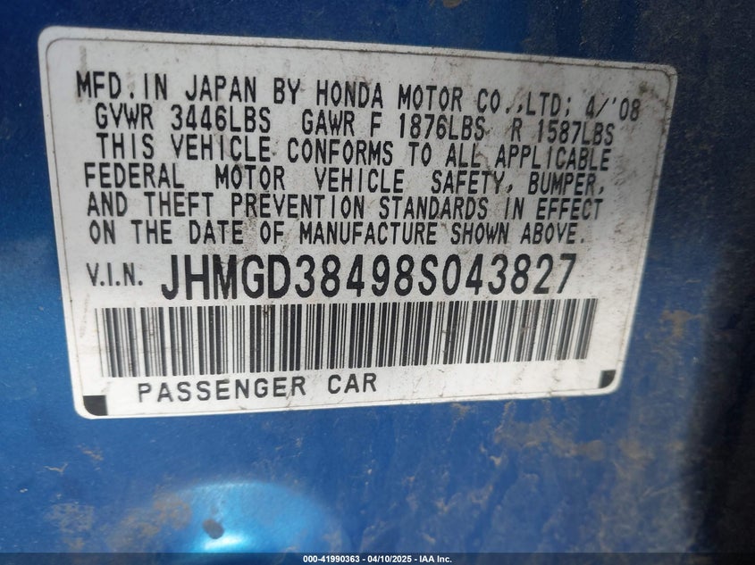 2008 HONDA FIT VIN: JHMGD38498S043827