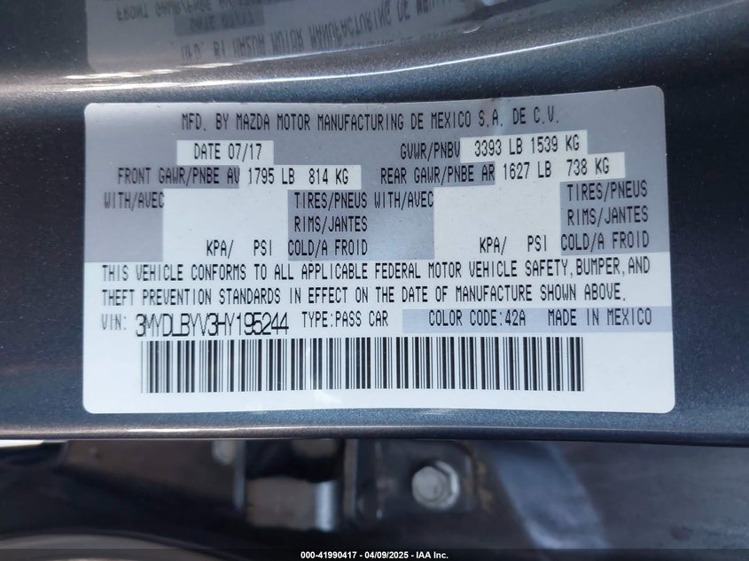 2017 TOYOTA YARIS IA VIN: 3MYDLBYV3HY195244
