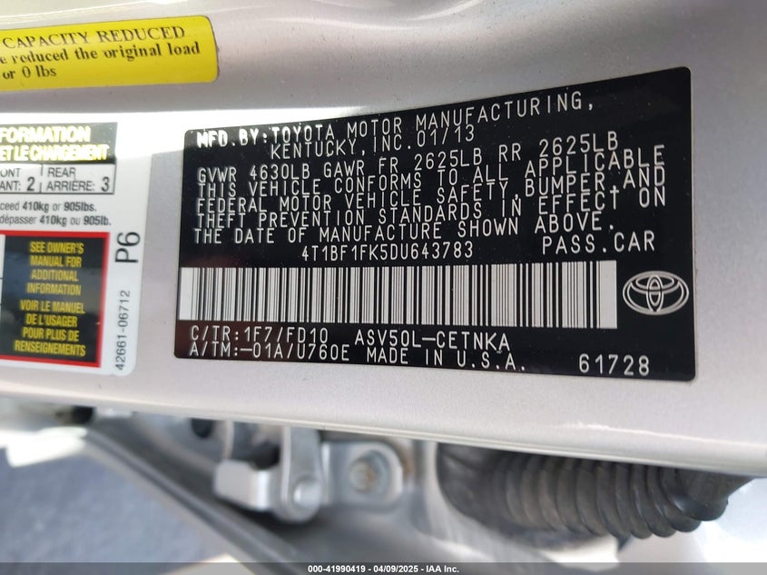 2013 TOYOTA CAMRY VIN: 4T1BF1FK5DU643783