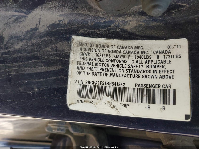 2011 HONDA CIVIC VIN: 2HGFA1F51BH541882