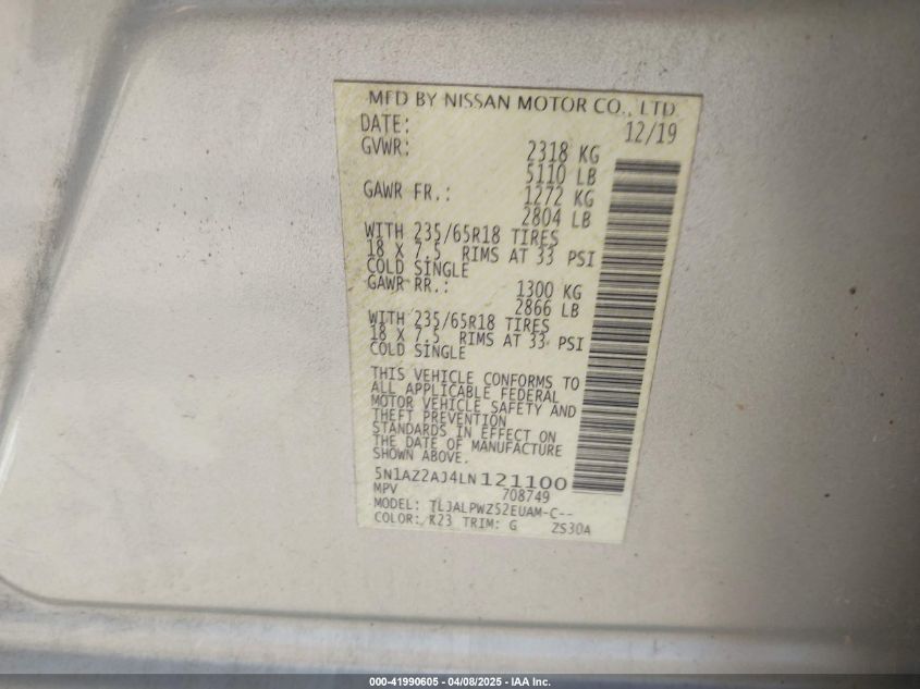 2020 Nissan Murano S Fwd VIN: 5N1AZ2AJ4LN121100 Lot: 41990605