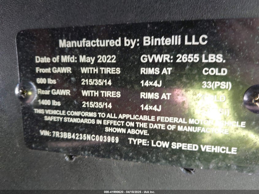 2022 BENTILLI GOLF CART UNKNOWN(VIN: 7R3BB4235NC003969