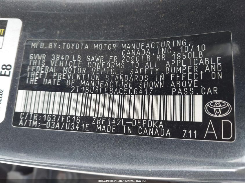 2010 Toyota Corolla Le VIN: 2T1BU4EE8AC506417 Lot: 41990621