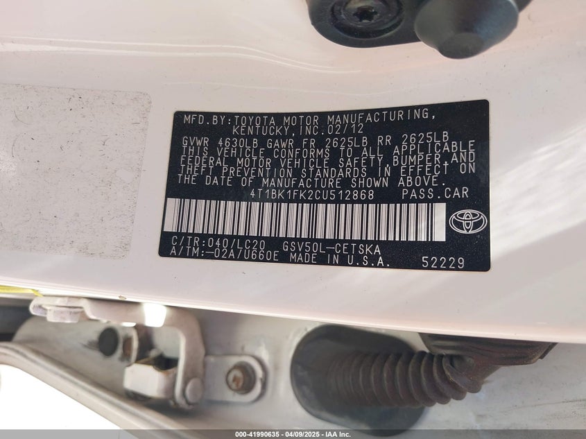 2012 TOYOTA CAMRY VIN: 4T1BK1FK2CU512868