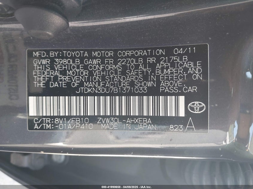 2011 TOYOTA PRIUS VIN: JTDKN3DU7B1371033