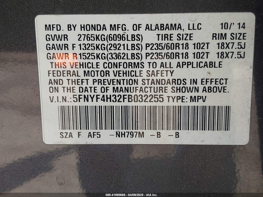 2015 HONDA PILOT SE - 5FNYF4H32FB032255