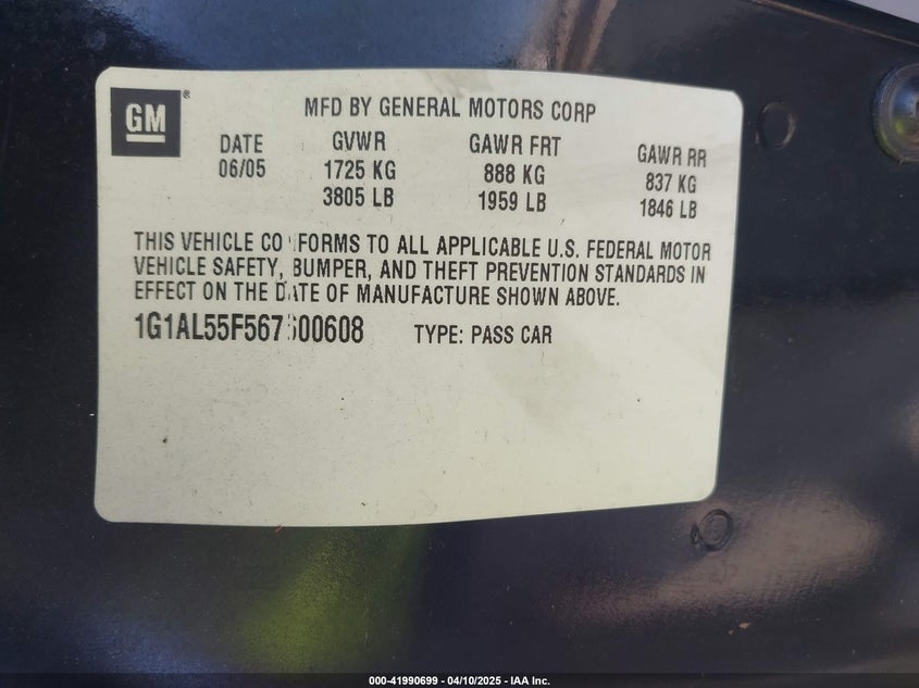 2006 CHEVROLET COBALT VIN: 1G1AL55F567600608