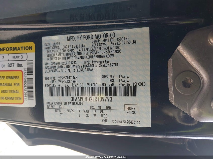 2020 FORD FUSION VIN: 3FA6P0HD2LR109793
