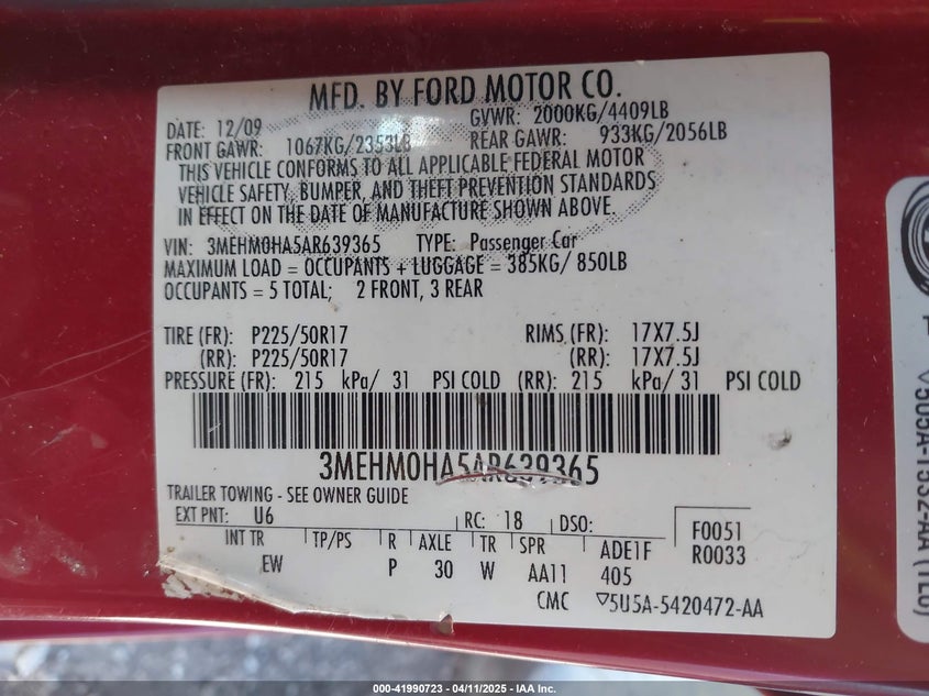 2010 MERCURY MILAN VIN: 3MEHM0HA5AR639365