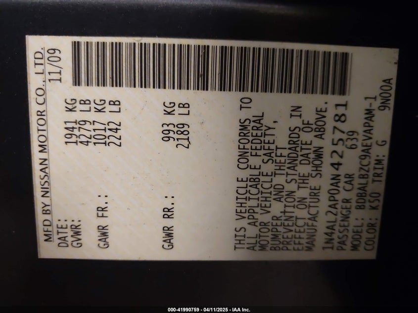 2010 NISSAN ALTIMA VIN: 1N4AL2AP0AN425781