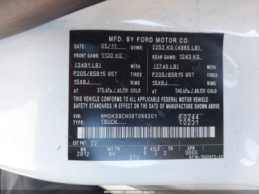 2011 Ford Transit Connect Xlt Premium VIN: NM0KS9CN0BT068201 Lot: 41990847