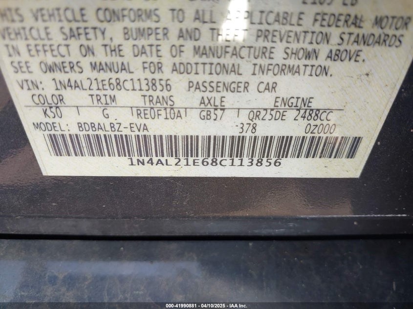 2008 NISSAN ALTIMA VIN: 1N4AL21E68C113856