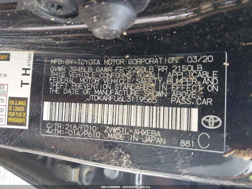 2020 TOYOTA PRIUS VIN: JTDKARFU6L3119565