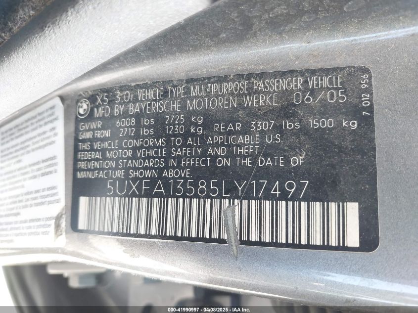 2005 BMW X5 3.0I VIN: 5UXFA13585LY17497 Lot: 41990997