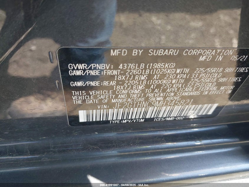 2021 SUBARU CROSSTREK(VIN: JF2GTHNC9MH345821