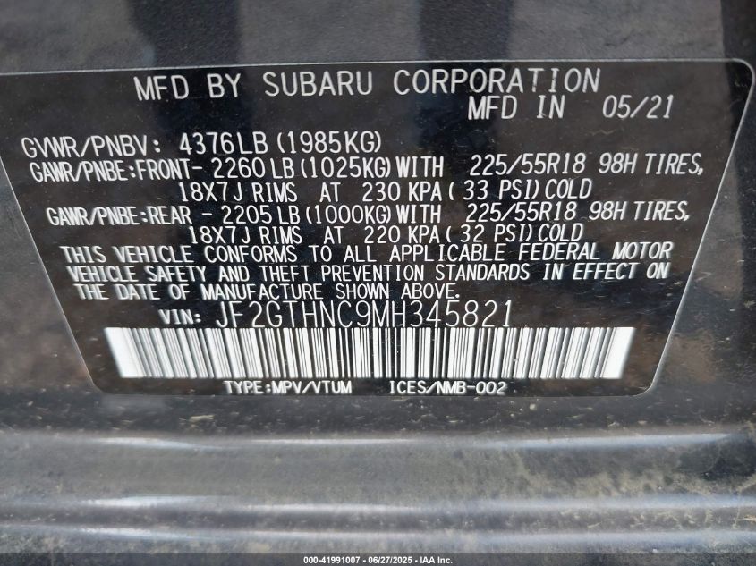 2021 Subaru Crosstrek Limited VIN: JF2GTHNC9MH345821 Lot: 41991007