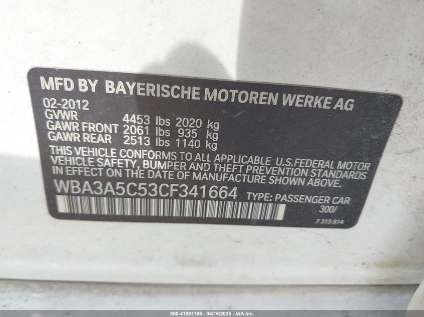 2012 BMW 328I VIN: WBA3A5C53CF341664
