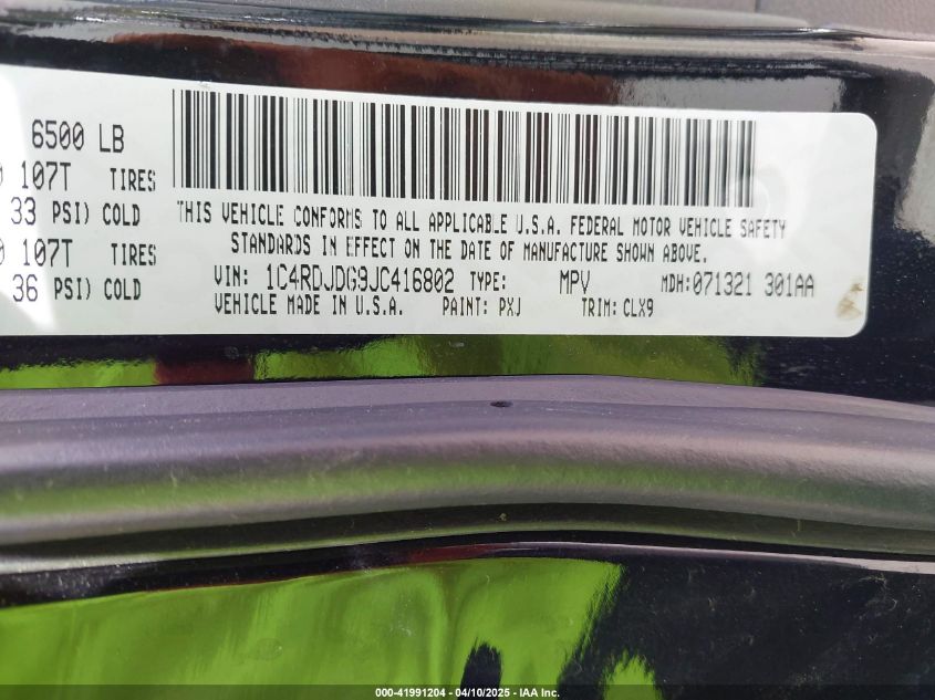 2018 Dodge Durango Gt Awd VIN: 1C4RDJDG9JC416802 Lot: 41991204