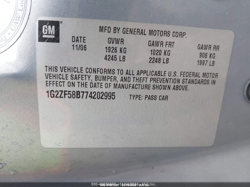 2007 PONTIAC G6 VIN: 1G2ZF58B774202995